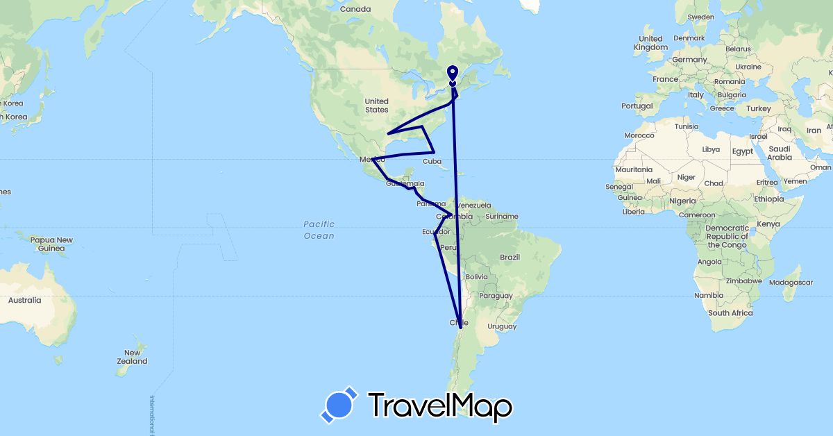 TravelMap itinerary: driving in Canada, Chile, Colombia, Costa Rica, Ecuador, Guatemala, Honduras, Mexico, Nicaragua, Panama, Peru, El Salvador, United States (North America, South America)